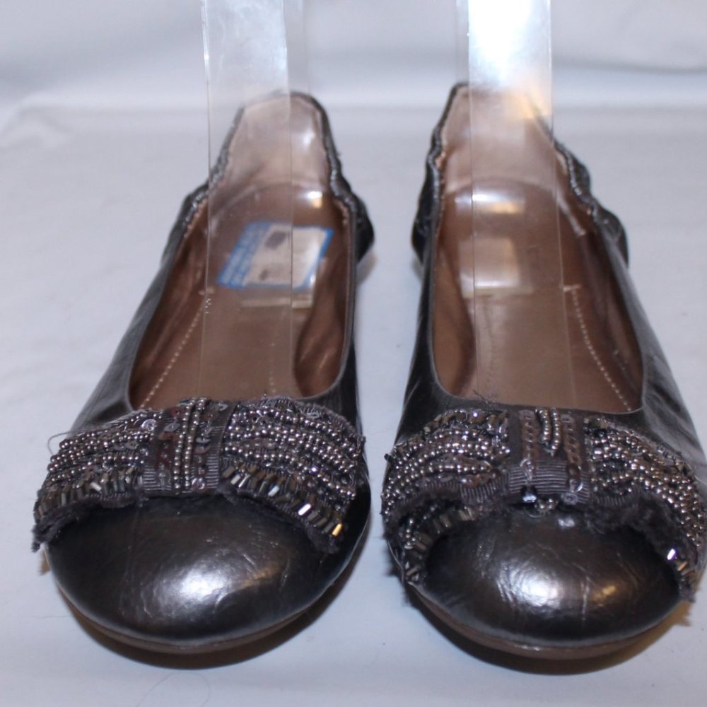 New BCBG Paris Nicolette Sequin Bow Front Silver Ballet FLats Shoes